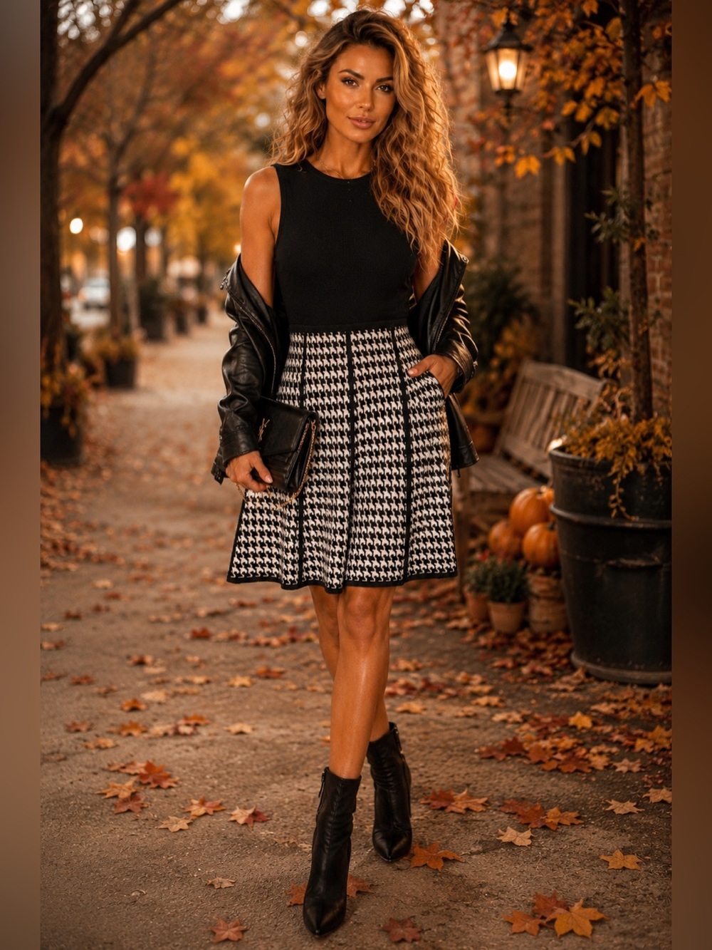 NWT Calvin Klein Black Top with Black & White Houndstooth Skirt Knit Dress